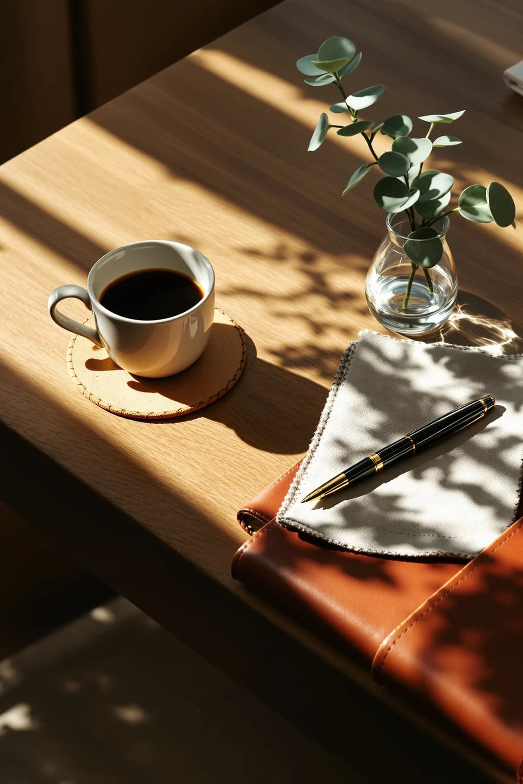 A quiet pre-meeting moment at a walnut desk with espresso and a fountain pen