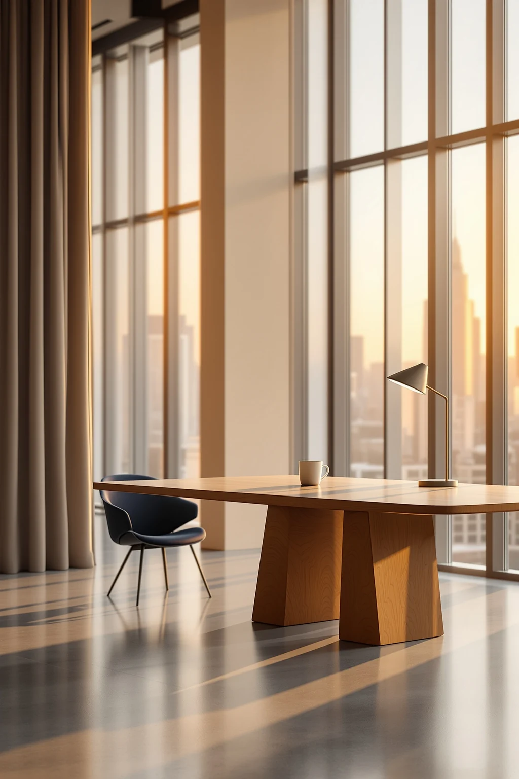 A conference table bathed in golden-hour light in a modern commercial real estate office