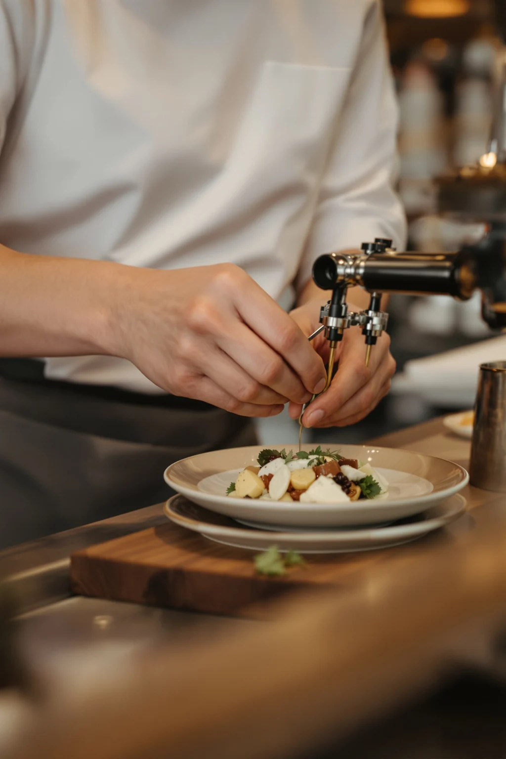 Close-up of a chef's hands plating a dish in a warm restaurant kitchen